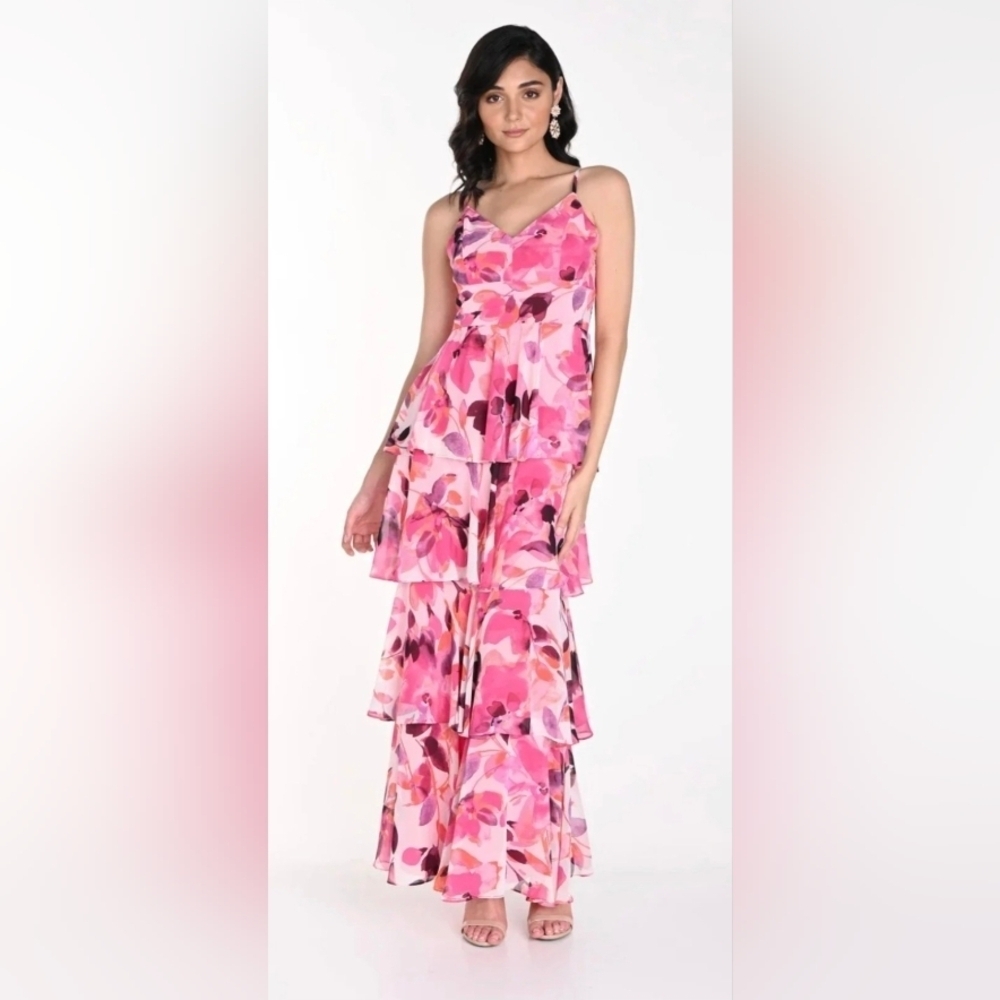 Frank Lyman Ruffled Dress Layered White/Pink Floral Print Sample New size medium